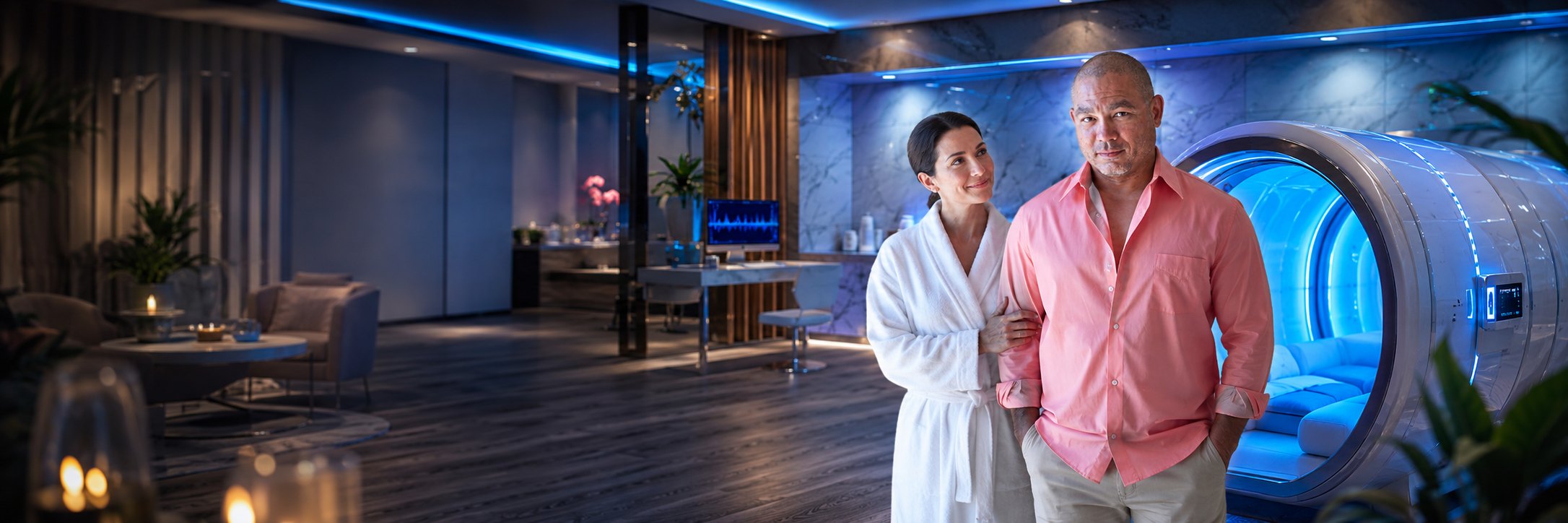 Client in a robe with a clinician beside the hyperbaric oxygen chamber