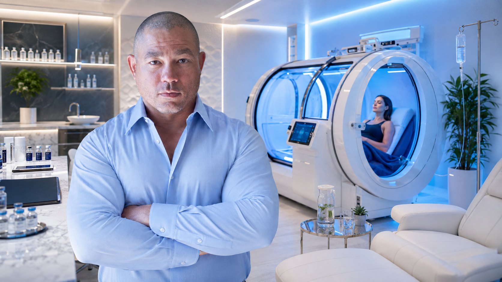 Clinician beside a hyperbaric chamber with a client inside