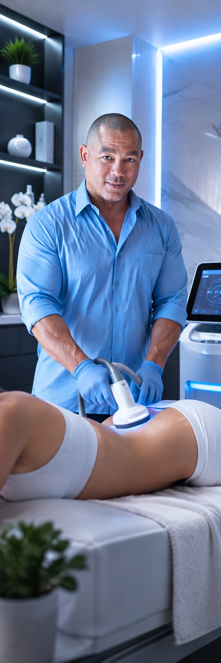 Clinician using a handheld body applicator on a client