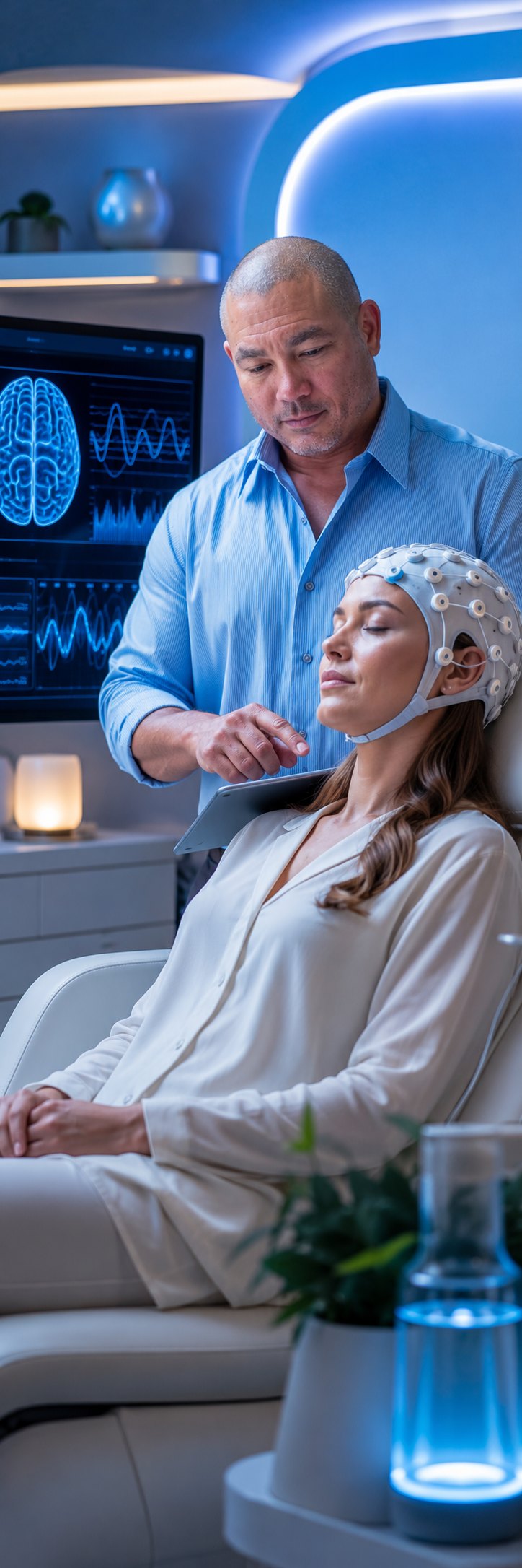 Client in an EEG cap during a neurofeedback session, brain activity on screen